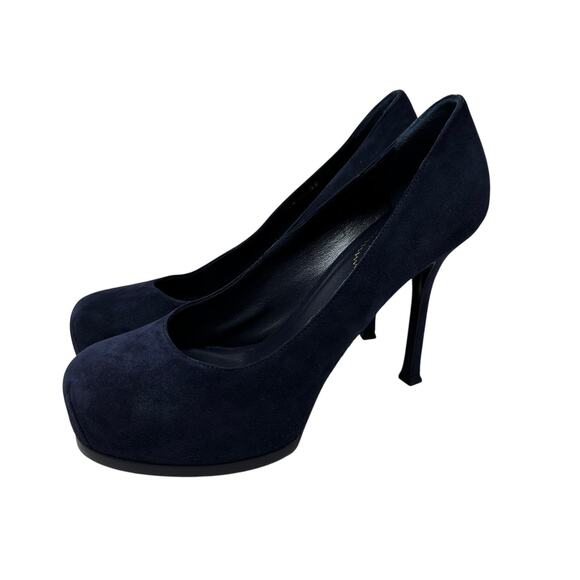 YSL Saint Laurent Tribute Pumps Womens 38.5 US 8.5 Navy Suede Platform Stiletto - Picture 2 of 12